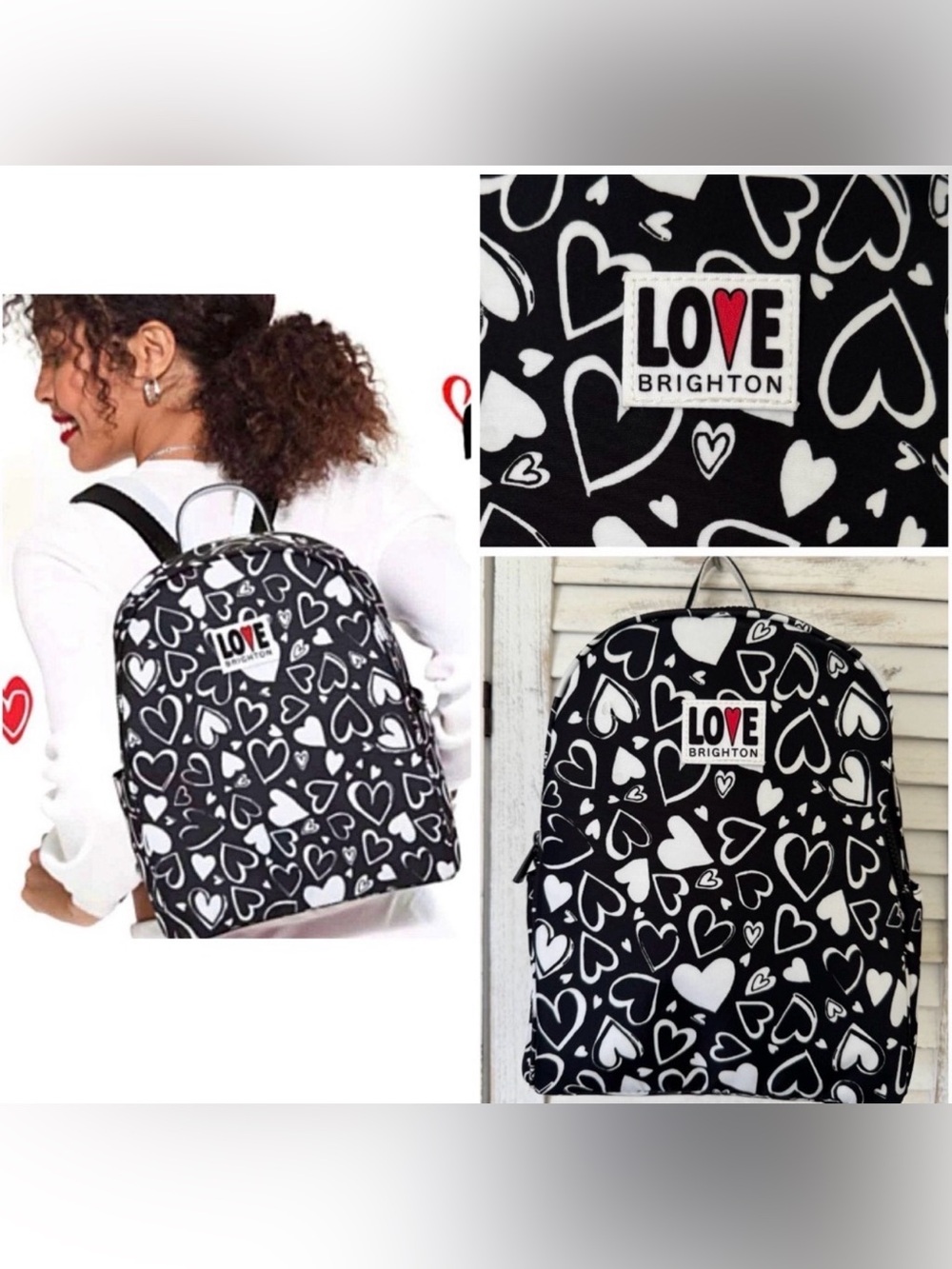 Brighton Limited Edition ENDLESS LOVE Backpack Black White Hearts Nylon